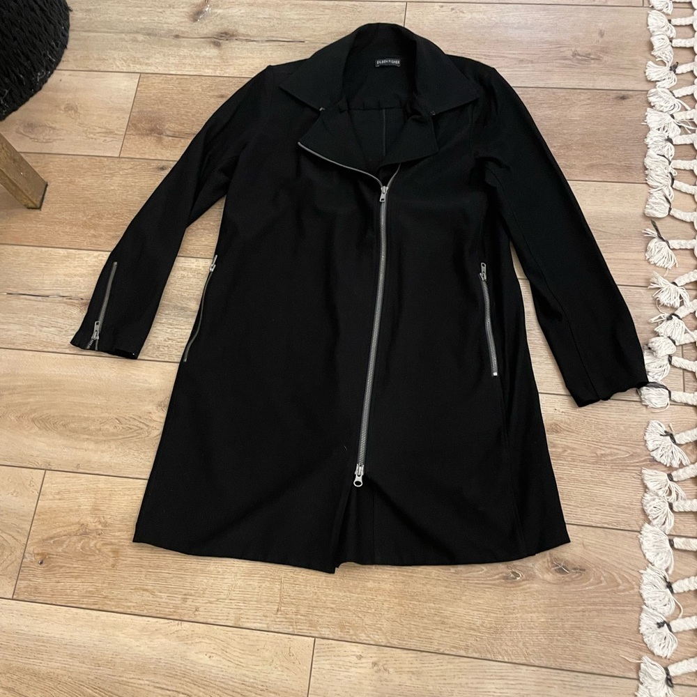 Eileen Fisher Black Asymmetrical Zip Trench Coat